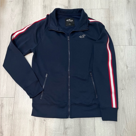 Hollister Unisex Jacket Navy Blue with Red and White Stripes on Arms Size Small. - Picture 5 of 5